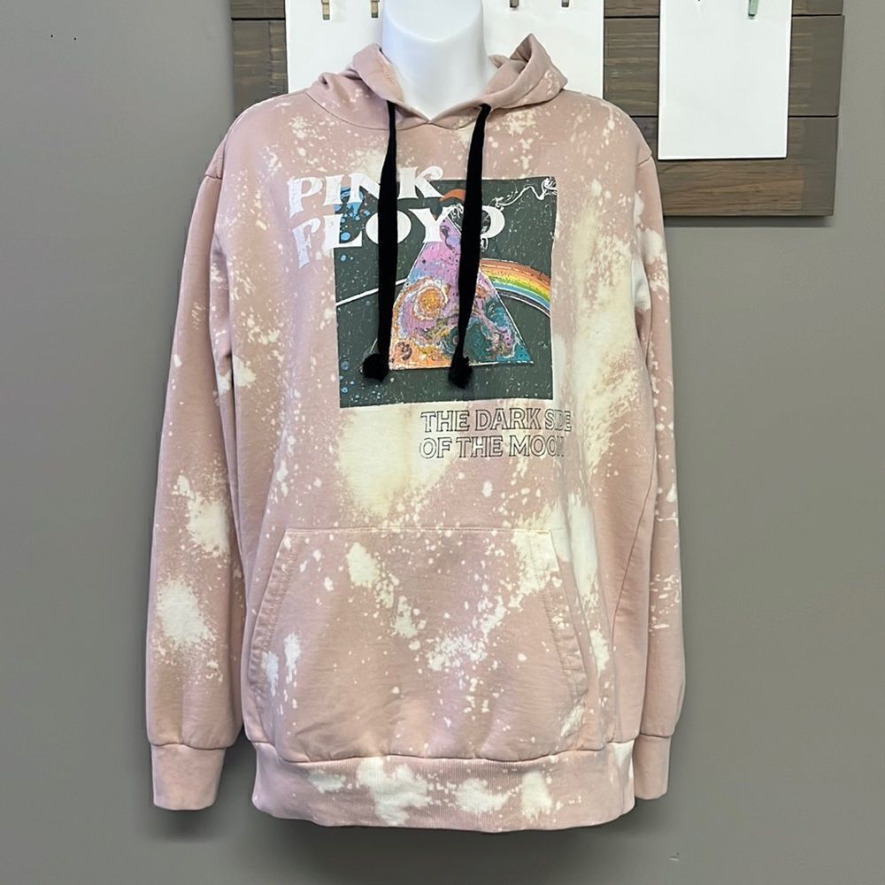 Pink Floyd Blush Pink Bleached Hoodie with Strings and Kangaroo Pocket- Large